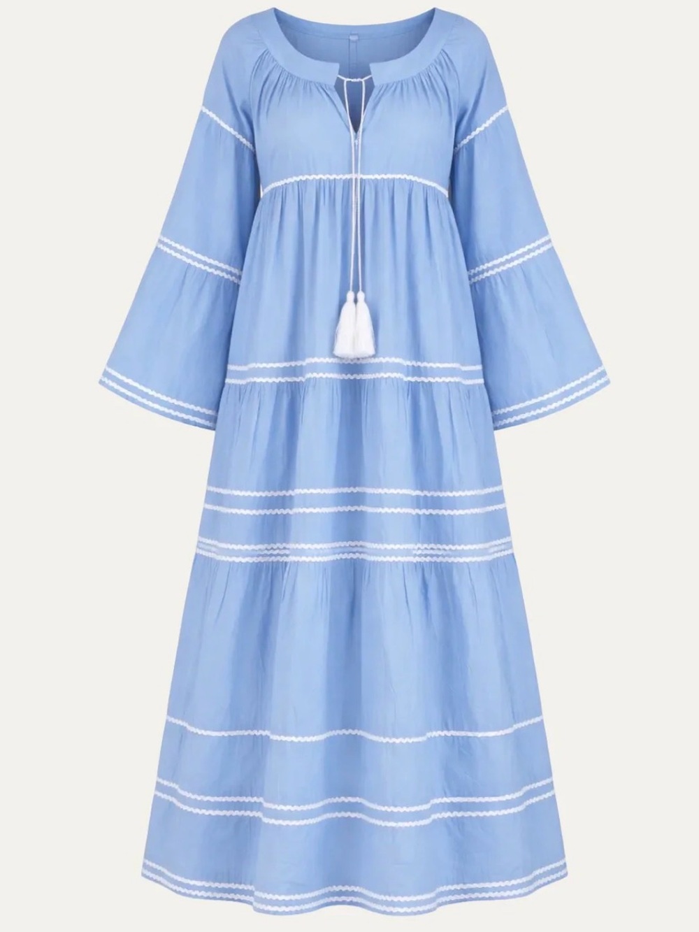 Gallabia Pina Colada Blue Tiered Tassel Maxi Dress - Sz Small (NWT)